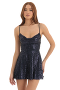 Women's Jewel Sequin Cowl Neck Dress Black