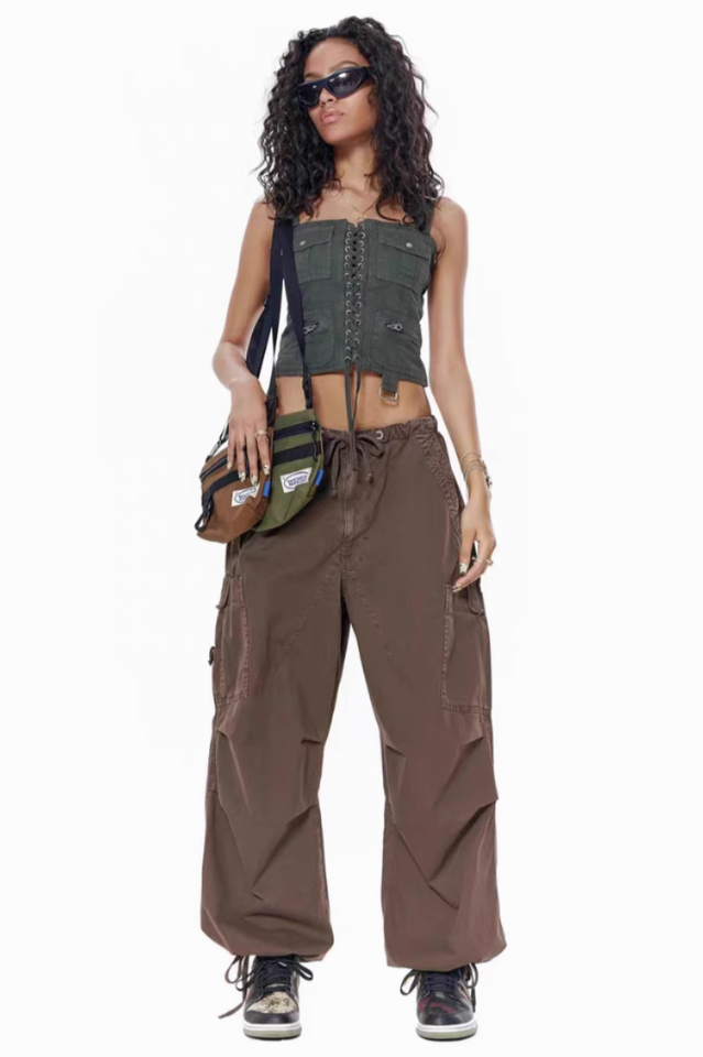 Women's Vintage Parachute Cargo Pants Brown