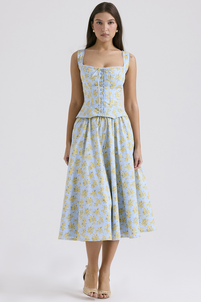 Women's Vintage Floral Print Top + Skirt Set Soft Blue