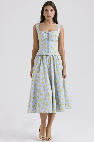 Women's Vintage Floral Print Top + Skirt Set Soft Blue