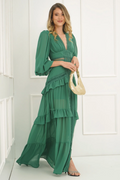 Women's Lorie Long Sleeve Ruffle Gown Green
