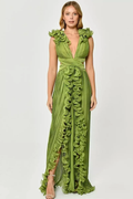 Women's V-Neck Cut-Out Pleated Split Maxi Dress Green