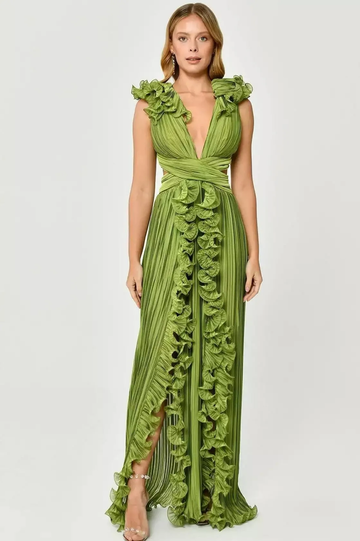 Women's V-Neck Cut-Out Pleated Split Maxi Dress Green