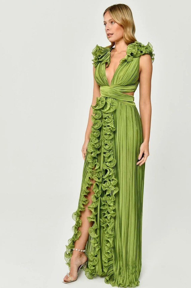 Women's V-Neck Cut-Out Pleated Split Maxi Dress Green