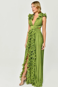 Women's V-Neck Cut-Out Pleated Split Maxi Dress