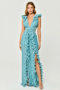 Women's V-Neck Cut-Out Pleated Split Maxi Dress