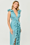 Women's V-Neck Cut-Out Pleated Split Maxi Dress