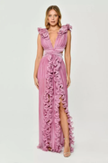 Women's V-Neck Cut-Out Pleated Split Maxi Dress Pink