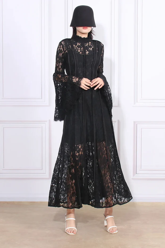 Women's Milena Lace Ruffled Long Dress Black
