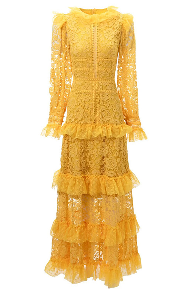 Women's Textured Maxi Dress With Long Sleeves Yellow