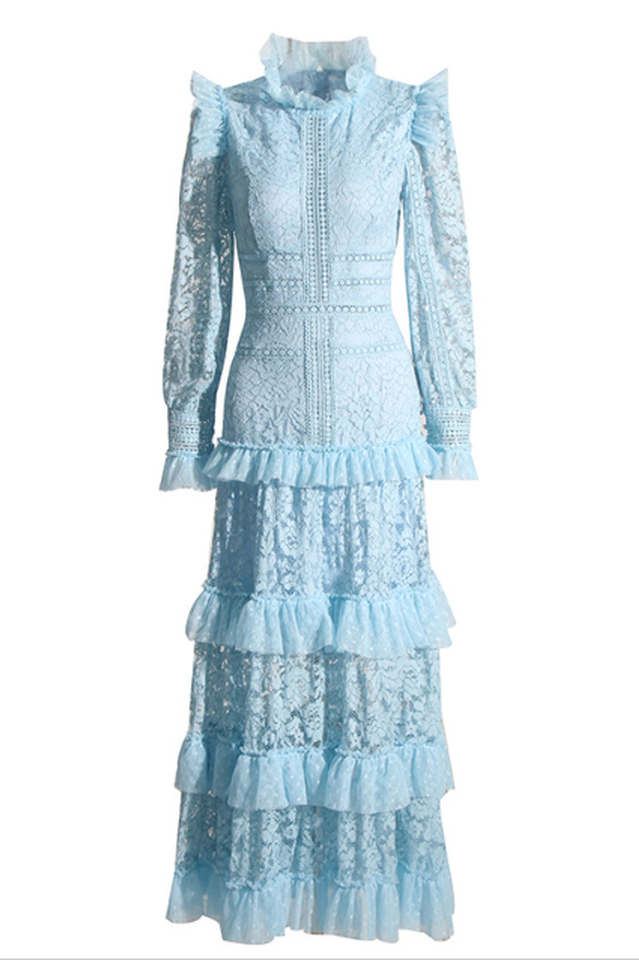 Women's Textured Maxi Dress With Long Sleeves Blue