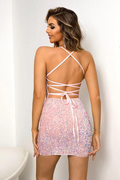 Women's Sequined Lace-Up Backless Mini Dress