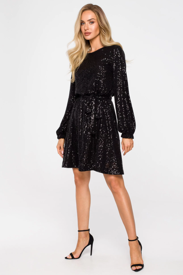 Women's Sequin Dress With Puff Sleeves Black