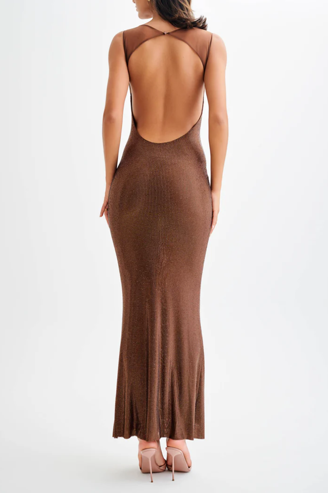 Women's Rhinestone Bodycon Backless Maxi Dress