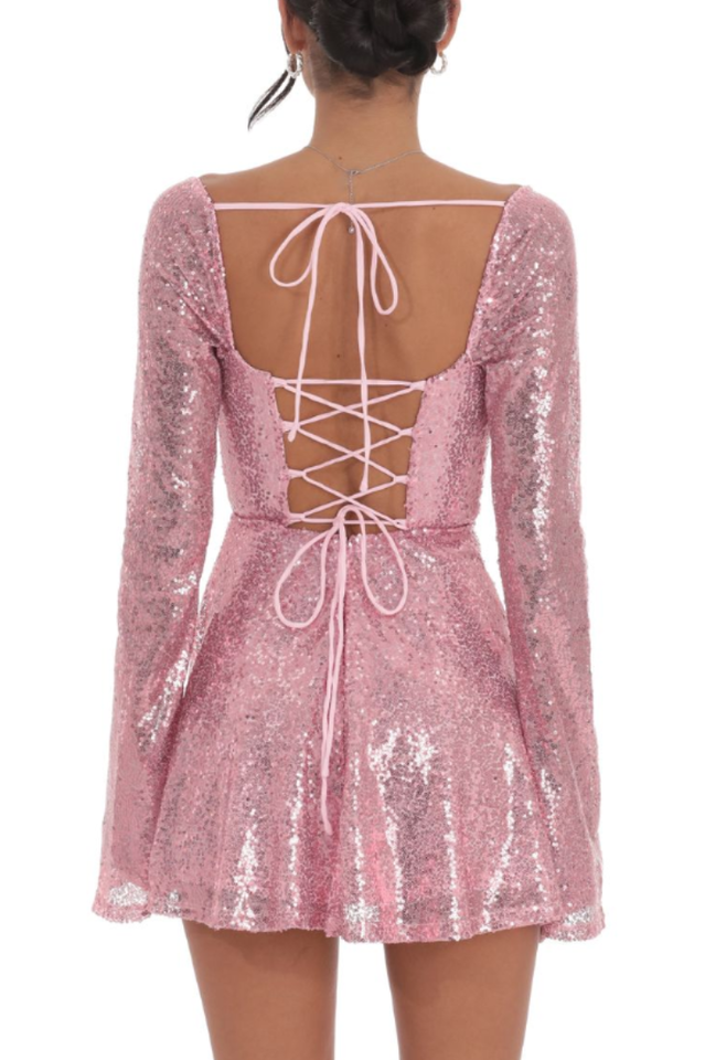 Women's Sequin Flare Dress in Rose Gold