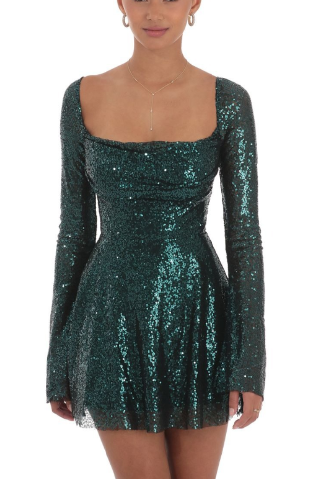 Women's Sequin Flare Dress in Rose Gold Emerald