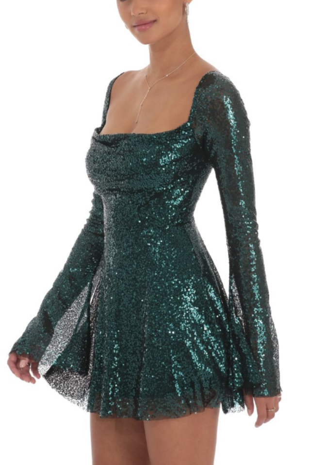 Women's Sequin Flare Dress in Rose Gold