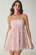 Women's Floral Applique Decor Mesh Slip Dress Blush