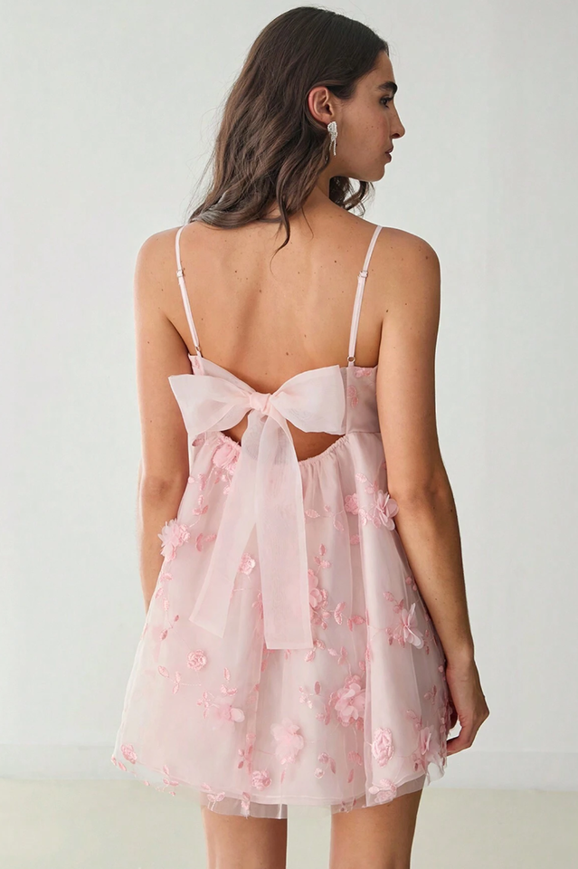 Women's Floral Applique Decor Mesh Slip Dress Blush