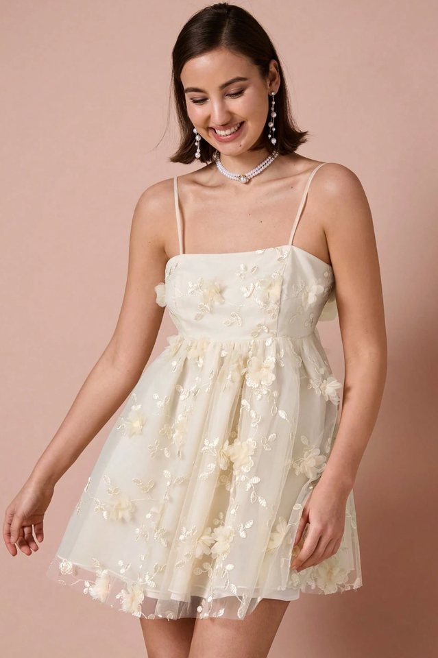 Women's Floral Applique Decor Mesh Slip Dress Ivory