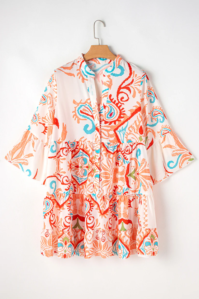 Women's Tribal Bracelet Sleeve Buttoned Mini Dress