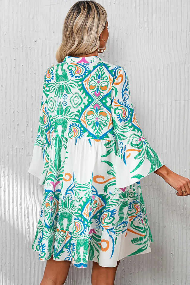Women's Tribal Bracelet Sleeve Buttoned Mini Dress Green