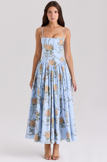 Women's Vintage Rose Print Cotton Midi Sundress Blue Floral