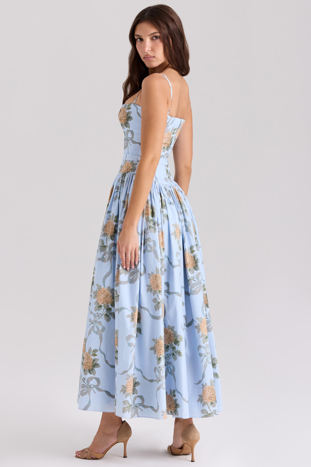 Women's Vintage Rose Print Cotton Midi Sundress