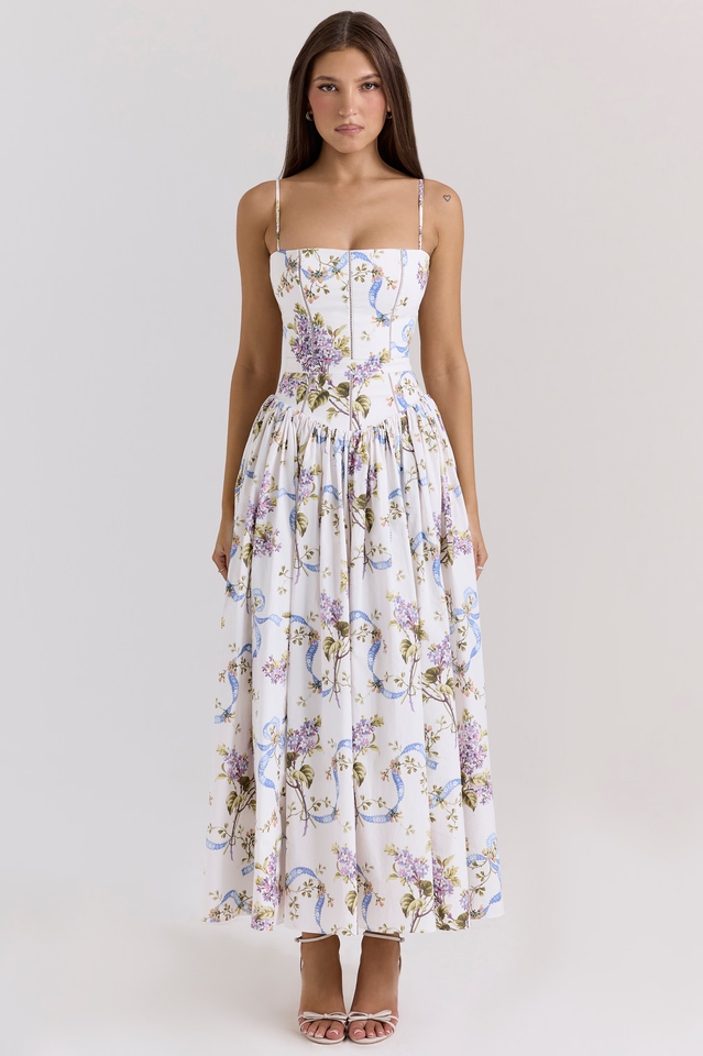 Women's Vintage Rose Print Cotton Midi Sundress Cream Floral