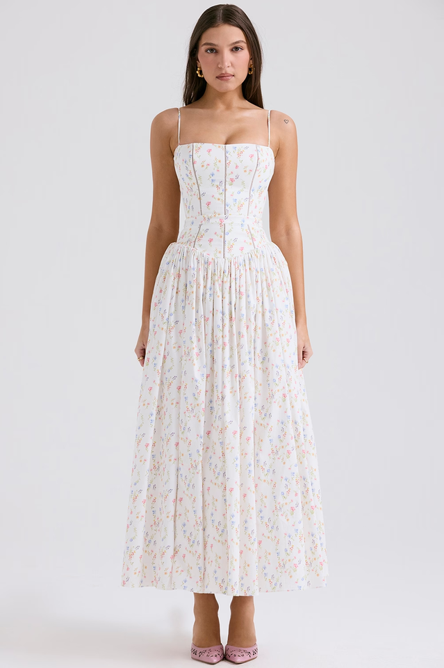 Women's Vintage Rose Print Cotton Midi Sundress White Posy Print