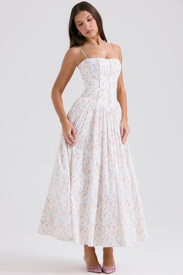 Women's Vintage Rose Print Cotton Midi Sundress