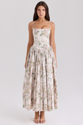 Women's Vintage Rose Print Cotton Midi Sundress Off White Vintage Ribbon Print