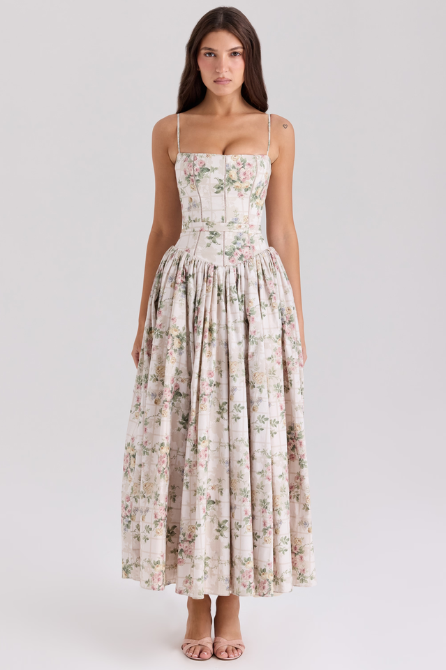 Women's Vintage Rose Print Cotton Midi Sundress Off White Vintage Ribbon Print