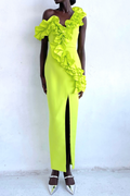 Women's One Shoulder Ruffle Maxi Dress Neon Green