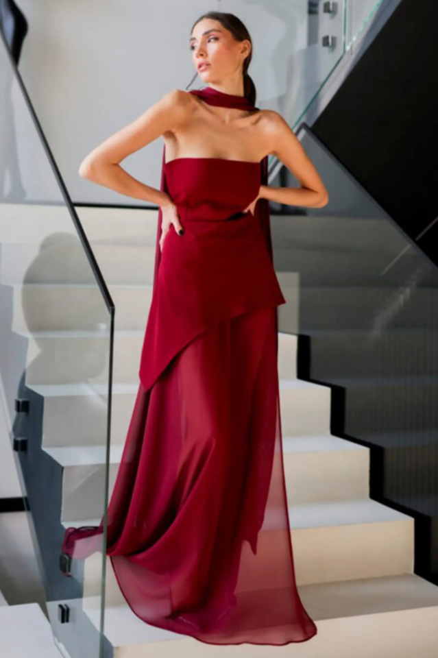 Women's Florence Asymmetrical Chiffon Maxi Dress with Scarf Red