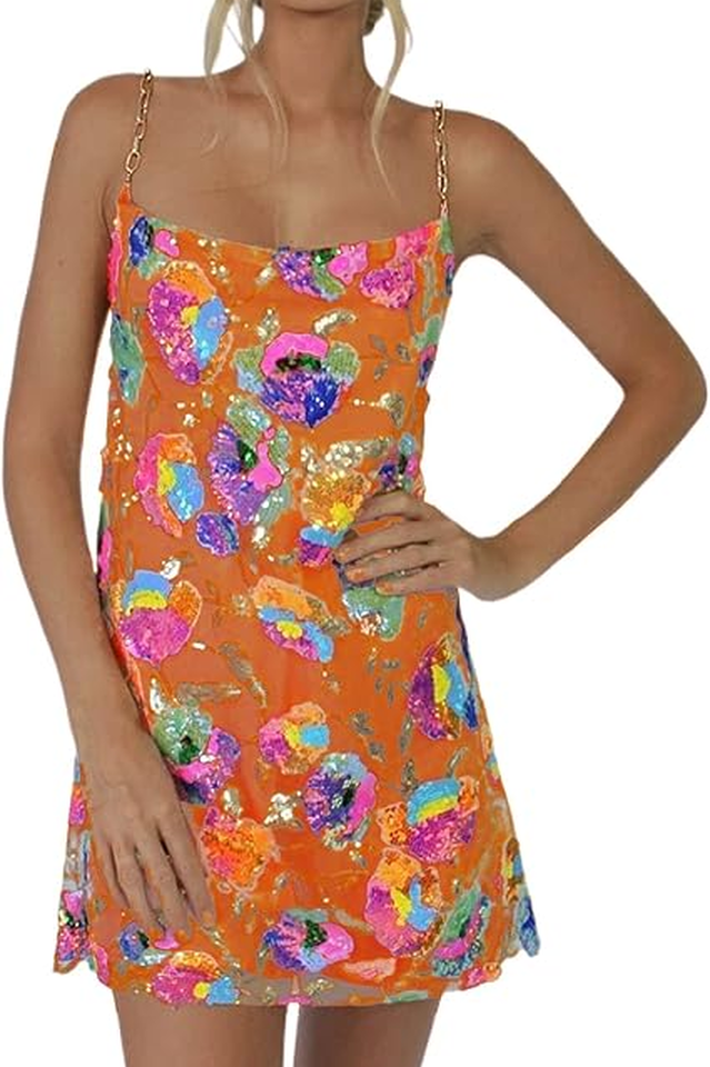 Women's Fanny Embroidered Sequins Backless Mini Dress Orange