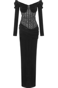 Women's Crystal Corset Maxi Velvet Dress Black