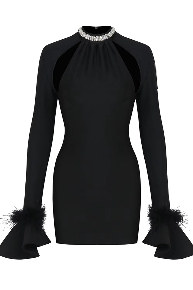 Women's Feather Detail Long Sleeve Crystal Dress Black