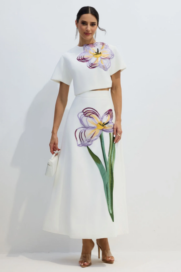 Women's Angelica Floral Applique Skirt Set White
