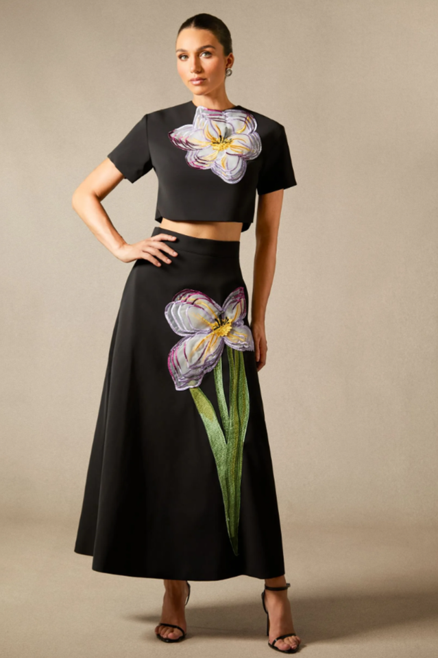 Women's Angelica Floral Applique Skirt Set Black