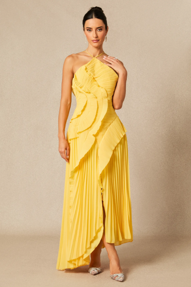 Women's Nina Asymmetry Pleated Halterneck Midi Dress Yellow