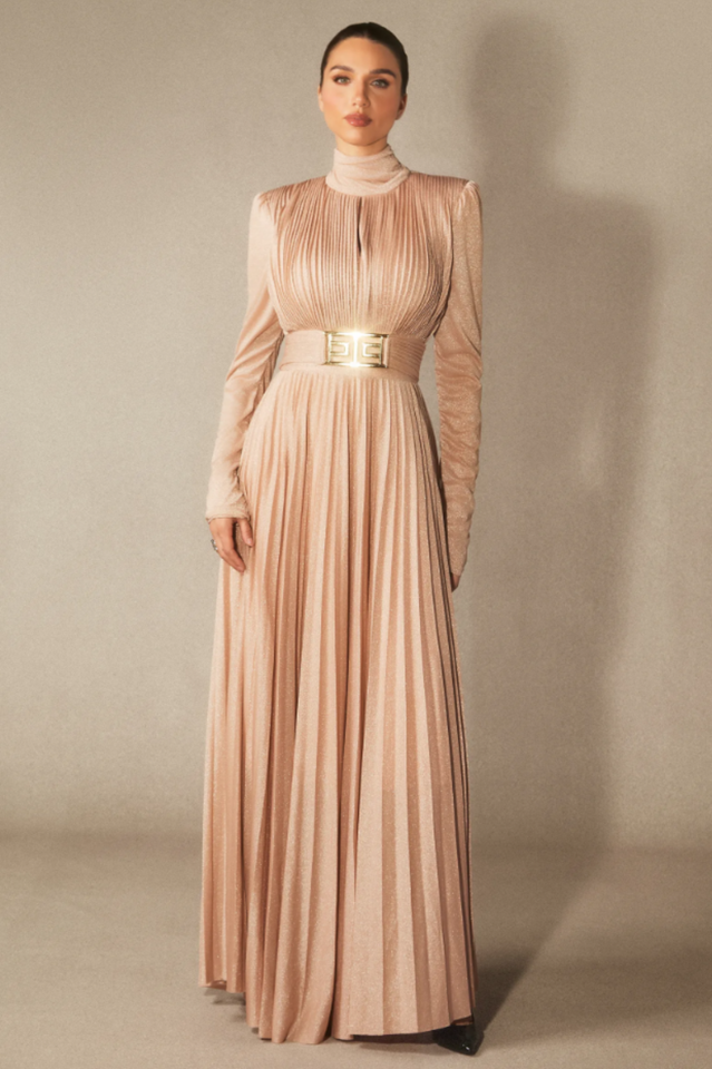Women's Elsie Metallic Pleated Belted Maxi Dress Apricot