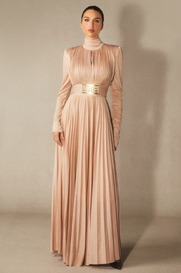 Women's Elsie Metallic Pleated Belted Maxi Dress Apricot