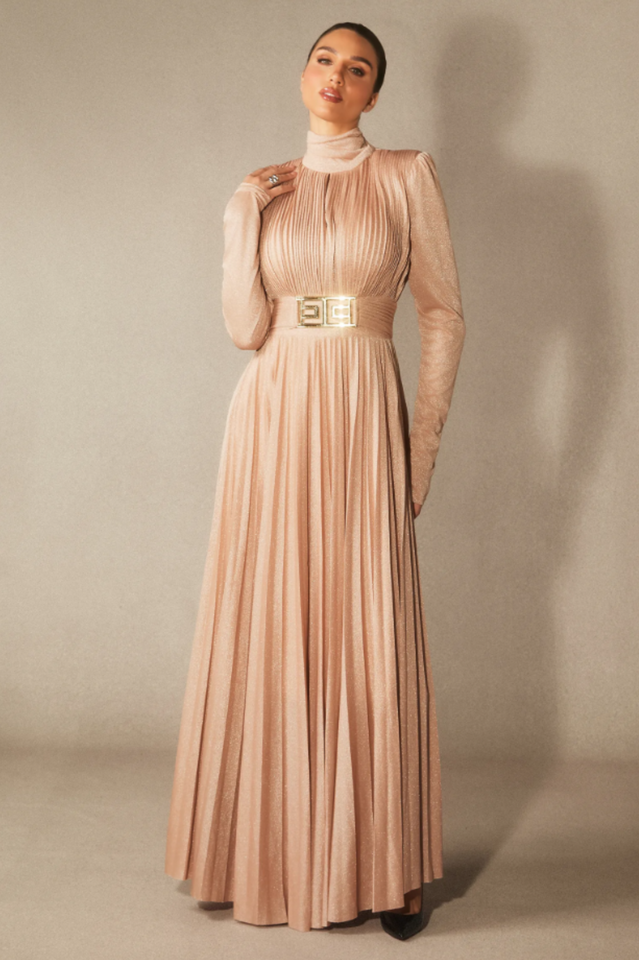 Women's Elsie Metallic Pleated Belted Maxi Dress Apricot