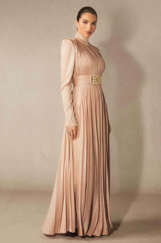 Women's Elsie Metallic Pleated Belted Maxi Dress
