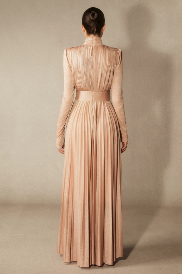 Women's Elsie Metallic Pleated Belted Maxi Dress
