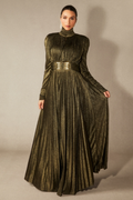 Women's Elsie Metallic Pleated Belted Maxi Dress Gold