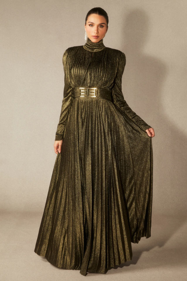Women's Elsie Metallic Pleated Belted Maxi Dress Gold