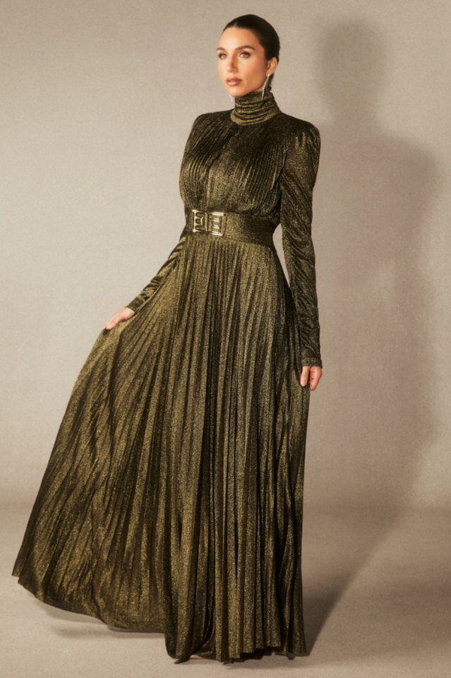Women's Elsie Metallic Pleated Belted Maxi Dress