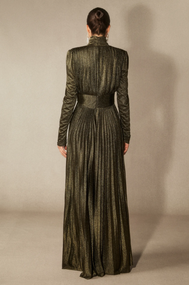 Women's Elsie Metallic Pleated Belted Maxi Dress